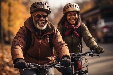 Happy smiling elderly couple in safety helmets riding bicycles together to stay fit and healthy. African American seniors having fun on a bike ride in autumn park. Active lifestyle for retired people. - obrazy, fototapety, plakaty