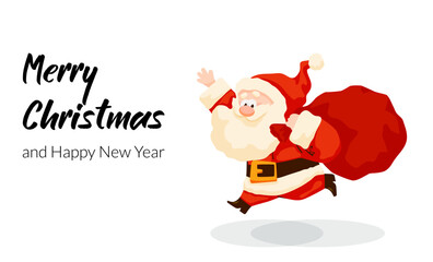 Funny cartoon Santa Claus running with red gifts sack. Christmas card with Santa bag