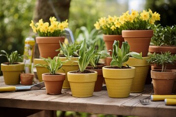 Fototapeta na wymiar Flowers daffodils vase pot garden season growing spring blooming blossom bunch narcissus plant green nature yellow white colours petal bouquet fragrant outdoors smell flora gardening agriculture leaf