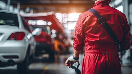 The mechanic shows the car checking list for the customer. Auto car repair service center. Professional service.