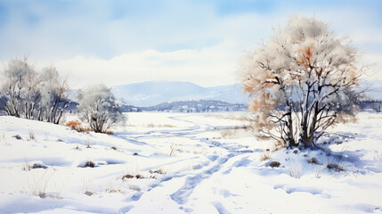 Fototapeta na wymiar Watercolor landscape, snowy landscape on a sunny day.