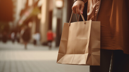 Woman with shopping package in the city. Paper bag. Sale in store. Beautiful happy young woman after shop. Lady buy present. Black friday sale. Holiday special offer, discount. Generated AI - obrazy, fototapety, plakaty