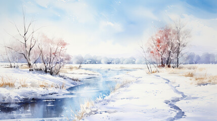 Obraz na płótnie Canvas Watercolor landscape, snowy landscape on a sunny day.