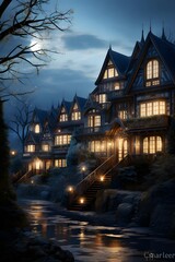 Fototapeta na wymiar Halloween night scene with haunted house and full moon, 3d rendering