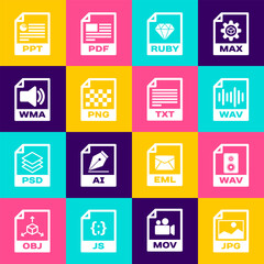 Set JPG file document, WAV, , RUBY, PNG and WMA icon. Vector