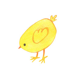 Cartoon farm animals isolated on white background. Watercolor drawing of funny chicken. Little yellow chicken