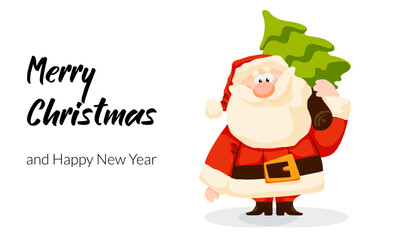 Funny cartoon Santa Claus with Christmas tree. Christmas card with Santa spruce tree.