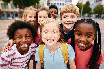 Happy smiling multiethnic kids posing for group portrait in a school yard. Cheerful schoolchildren hugging and looking at camera. Kids of different skin color go to school together. Diversity concept.