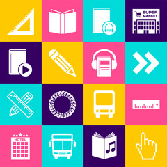 Set Pixel hand cursor, Ruler, Arrow, Audio book, Pencil, Triangular ruler and icon. Vector