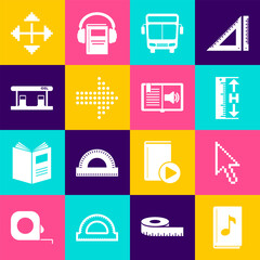 Set Audio book, Pixel arrow cursor, Measuring height and length, Bus, Dots, Gas filling station, arrows four directions and icon. Vector