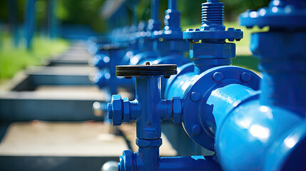 Closeup new blue taps with valve for drinking water pipeline - obrazy, fototapety, plakaty