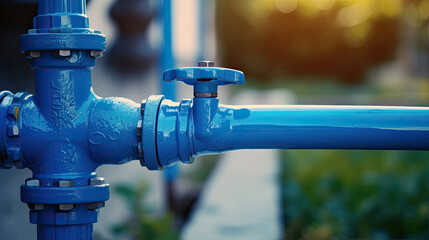 Closeup new blue taps with valve for drinking water pipeline