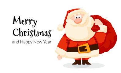 Funny cartoon Santa Claus with red gifts sack. Christmas card with Santa bag. Christmas and New Year vector