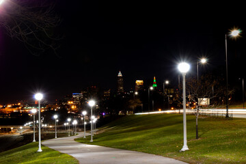 Cleveland Lights at Nighttime Long Exposure - obrazy, fototapety, plakaty