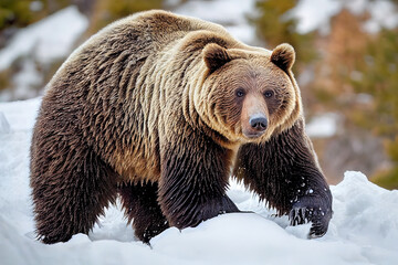 Obraz premium Winter wonderland stroll. Realistic illustration of brown bear in snowy forest edge