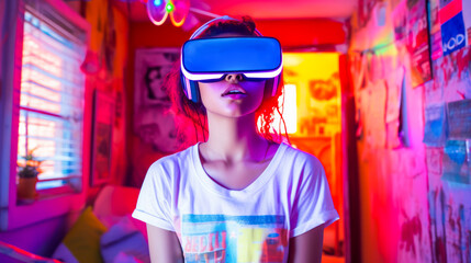 A young girl in Virtual reality headset sits in a room in her house. Virtual metaverse world concept. Ai generative.
