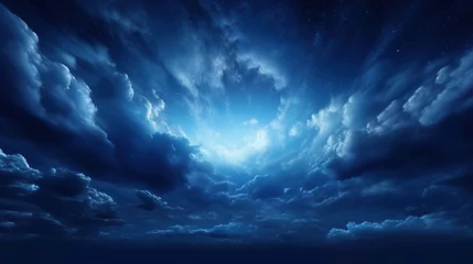 Poster Black dark blue night sky with stars. White cumulus clouds. Moonlight, starlight. Background for design. Astrology, astronomy, science fiction, fantasy, dream. Storm front. Dramatic. © Santy Hong