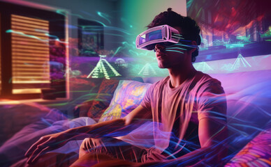 A Man wears a VR headset sits in a room, illuminated by pink neon light. Concept of a metaverse virtual world. Augmented reality technology idea. Ai generative