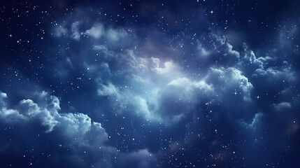 Fototapeta na wymiar Black dark blue night sky with stars. White cumulus clouds. Moonlight, starlight. Background for design. Astrology, astronomy, science fiction, fantasy, dream. Storm front. Dramatic.