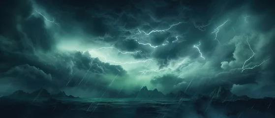 Poster Black dark greenish blue dramatic night sky. Gloomy ominous storm rain clouds background. Cloudy thunderstorm hurricane wind lightning. Epic fantasy mystic. Or creepy spooky nightmare horror concept. © Santy Hong