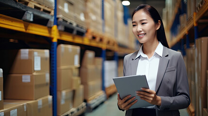 Asian woman business owner using digital tablet checking amount of stock product inventory on shelf at distribution warehouse factory.logistic business shipping and delivery service