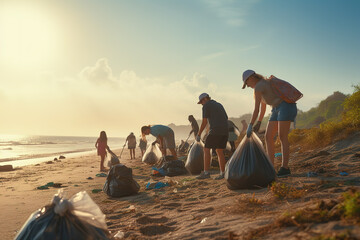 Group of activists friends collecting plastic waste on the beach. People cleaning the beach up, with bags. Concept about environmental conservation and ocean pollution problems