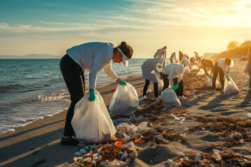 Group of young people cleaning beach area. Volunteer concept - obrazy, fototapety, plakaty