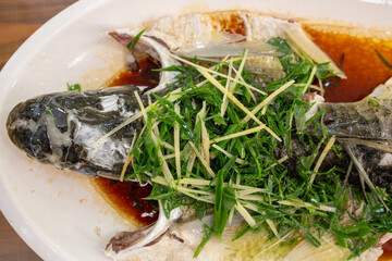 top view fresh steamed grass carp