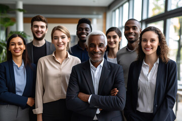 Fototapeta premium Happy diverse professional business team stand in office looking at camera, smiling young and old multiracial workers staff group pose together as human resource, corporate equality concept