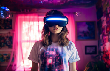 A girl child wearing VR headset, stands in living room, enjoying a virtual reality experience with joy. Pink neon room. Concept of future tech. Ai generative