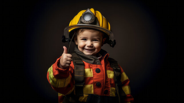 A Boy smiles, imagines to be a firefighter, wears an firefighter suit and helmet. Gray background. Thumb up. Future dream profession. Ai generative