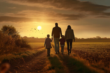 Fototapeta na wymiar Mother, father and daughters walking in meadow and enjoying the beautiful nature in front of sunset.