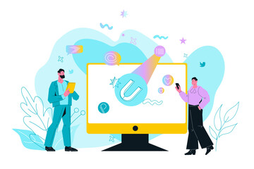 SMM Social Media Management aspect of modern marketing strategy. SMM managers lead brainstorming in developing effective marketing campaign, flat vector illustration isolated. 