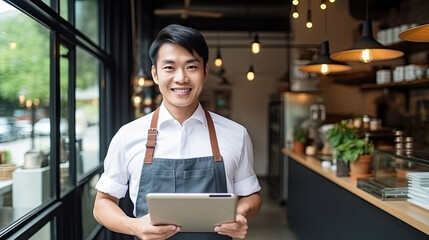 Smart asian young barista male in apron holding tablet and standing in front of the door of cafe with open sign board. Business owner startup SME entrepreneur concept - obrazy, fototapety, plakaty