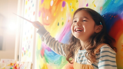 Fototapeta na wymiar Little girl is painting the colorful rainbow and sky on the wall and she look happy and funny, concept of art education and learn through play activity for kid development.