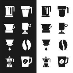 Set Irish coffee, V60 maker, Electric kettle, Coffee cup, beans, and moca pot icon. Vector