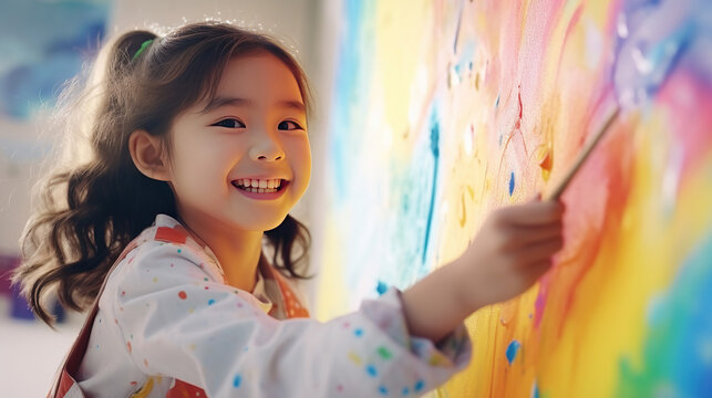Little girl is painting the colorful rainbow and sky on the wall and she look happy and funny, concept of art education and learn through play activity for kid development.