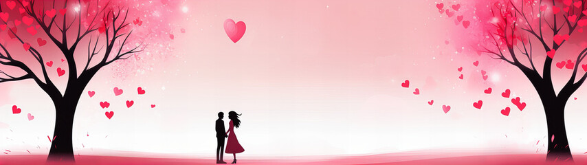 cute couple between two trees with heart shaped leafs, Valentine's Day banner