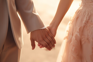 Wedding couple holding hands on sunset background. - obrazy, fototapety, plakaty