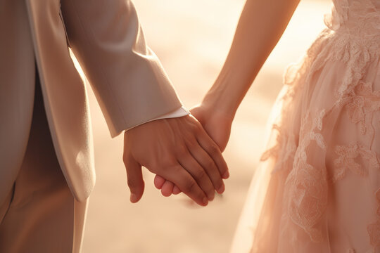 Wedding couple holding hands on sunset background.