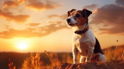 Silhouette background of a beautiful happy jack Russell terrier pet dog. Summer sunset, sunrise landscape banner. Dog travelling and hiking. - obrazy, fototapety, plakaty