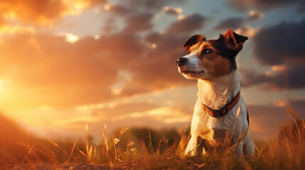 Silhouette background of a beautiful happy jack Russell terrier pet dog. Summer sunset, sunrise landscape banner. Dog travelling and hiking. - obrazy, fototapety, plakaty