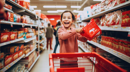 Smiling cheerful and joyful girl shopping basket hand standing between supermarket product shelf aisle convenience store supermarket department store mall - obrazy, fototapety, plakaty