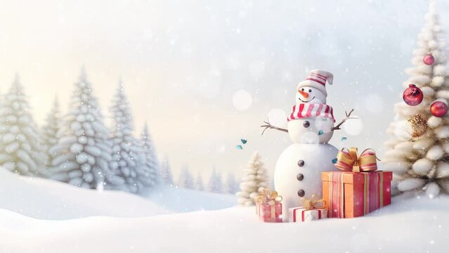 christmas celebration with christmas tree with snowman and gifts. with cartoon style. seamless looping time-lapse virtual video animation background.