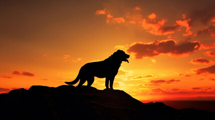 Silhouette of boy and dog playing on the beach at sunrise.