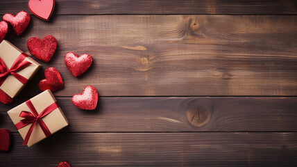 hearts and gift boxes an dark wooden planks, Valentine's Day background