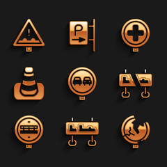 Set No overtaking road traffic, Road sign, Railroad crossing, Traffic cone, Hospital and Uneven ahead icon. Vector