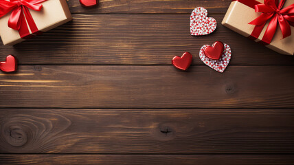 presents and hearts on wooden planks, Valentine's Day background