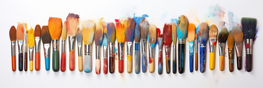 Used paint brushes. A bunch of brushes for painting with oil and acrylic paints. Artist paintbrushes in a artist studio, isolated on white background.