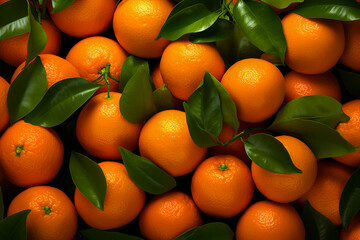Background of mandarins with green leaves. Top view. - obrazy, fototapety, plakaty